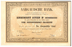 SCHWEIZ - Aargauische Bank. Aktienzertifikat ... 