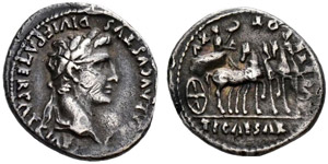 Tiberius. For Divus Augustus. Denarius o. J, ... 
