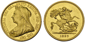 Victoria, 1837-1901. 5 Pounds 1893. 39.89 g. ... 