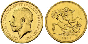 George V. 1910-1936. 5 Pounds 1911, London. ... 