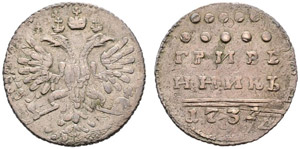 1734. Grivennik 1734, Kadashevsky Mint. 2.60 ... 
