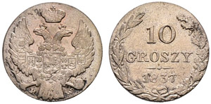 10 Groszy 1837, Warsaw Mint. 2.75 g. Bitkin ... 