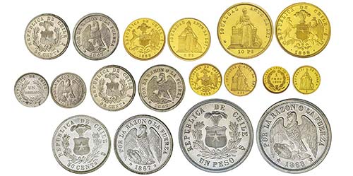Chile, 
Série de 9 monnaies en or ... 