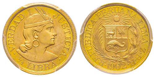 Peru
1/2 Libra, 1962, AU 3.99 g. ... 