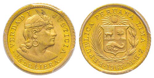 Peru
1/5 Libra, 1963, AU 1.59 g. ... 