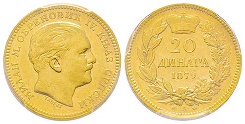 Serbia
20 Dinars, 1879 A, AU 6.45 ... 