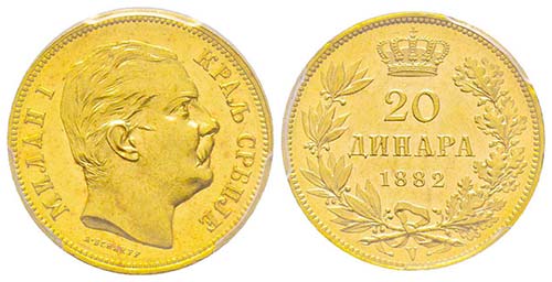 Serbia
20 Dinara, 1882 V, AU 6.45 ... 