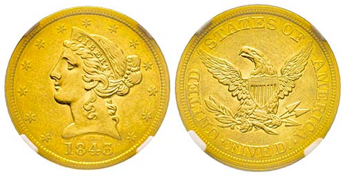 USA, 5 Dollars, Philadephia, 1843, ... 
