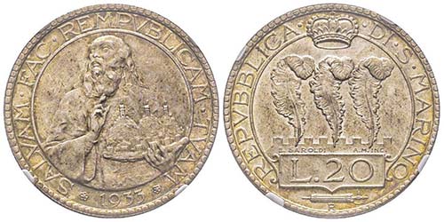 San Marino
20 Lire, 1933 R, AG ... 