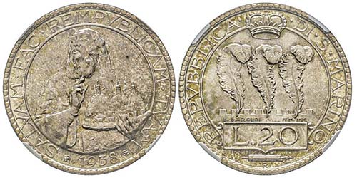 San Marino
20 Lire, 1938 R, AG ... 