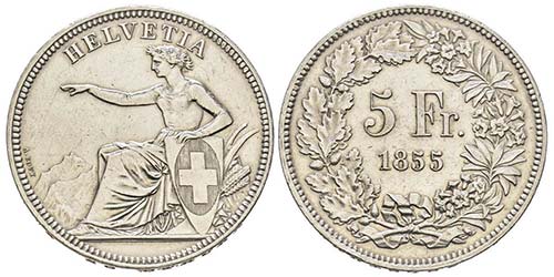 Switzerland
5 Francs, 1855 B, ... 