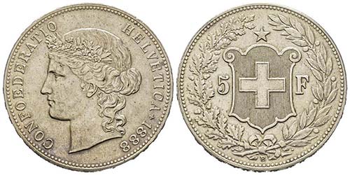 Switzerland
5 Francs, Bern, 1888, ... 