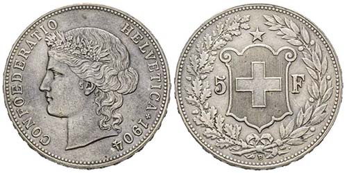Switzerland
5 Francs, Bern, 1904, ... 