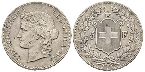 Switzerland
5 Francs, Bern, 1916, ... 