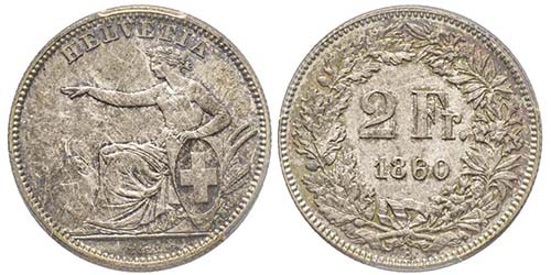 Switzerland
2 Francs, Bern, 1860 ... 