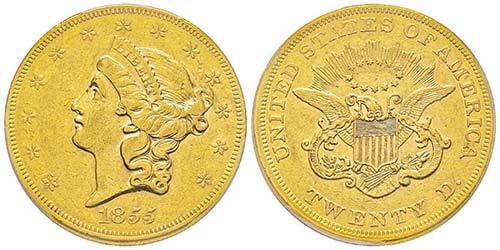 20 Dollars, Philadelphia, 1855, AU ... 