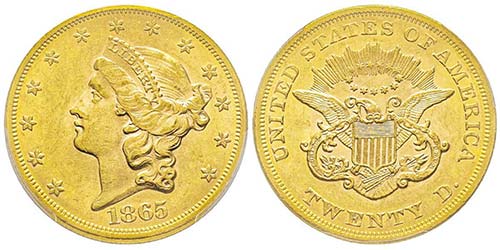 20 Dollars, Philadelphia, 1865, AU ... 