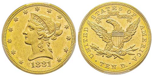 10 Dollars, Philadelphia, 1881, AU ... 