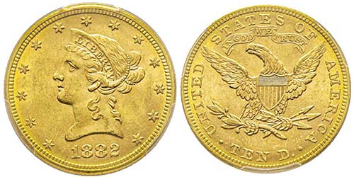 10 Dollars, Philadelphia, 1882, AU ... 