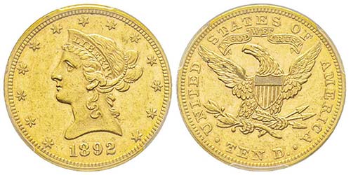 10 Dollars, Philadelphia, 1892, AU ... 