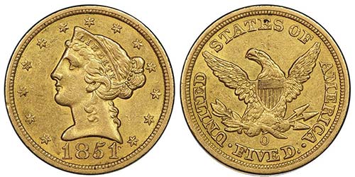 5 Dollars, New Orleans, 1851 O, AU ... 