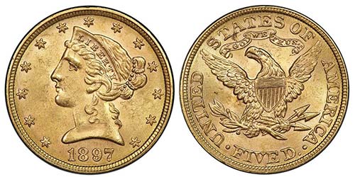 5 Dollars, Philadephia, 1897, AU ... 