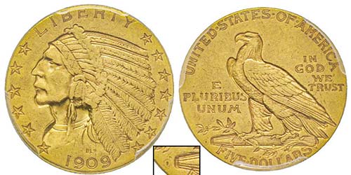 5 Dollars, New Orleans, 1909 O, AU ... 