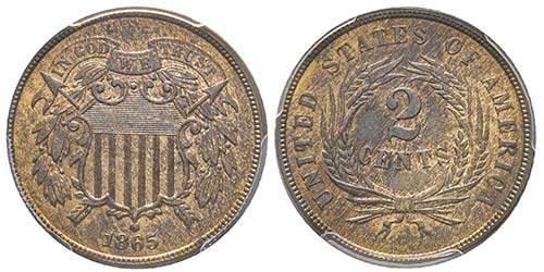 2 centimes, Philadephia, 1865, AE ... 