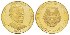 Rwanda 100 Francs, 1965, AU 30 g. ... 