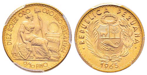 Peru, 10 Soles, 1965, AU 4.6 g. ... 