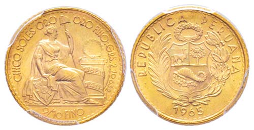 Peru, 5 Soles, 1965, AU 4.6 g. ... 
