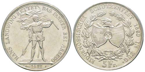 Switzerland, 5 Francs, Zug, 1869, ... 