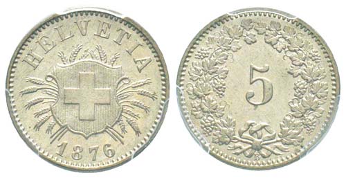 Switzerland, 5 Rappen, 1876 B,  ... 