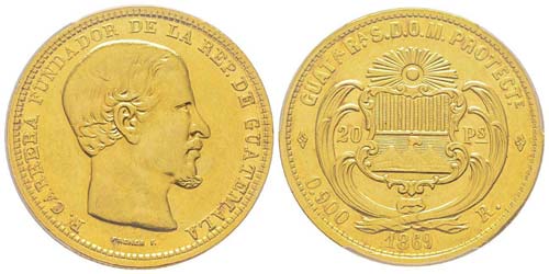 Guatemala 20 Pesos, 1869 R, AU ... 