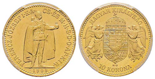 Hungary 10 Couronnes, 1909 KB, AU ... 