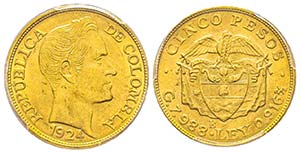 Colombia, 5 Pesos, Bogota, 1924, AU 7.98 ... 