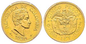 Colombia, 5 Pesos, Medellin, 1930, AU 7.98 ... 
