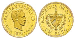 Cuba, Peso Flan Bruni, 1916, AU 1.67 g.
Ref ... 