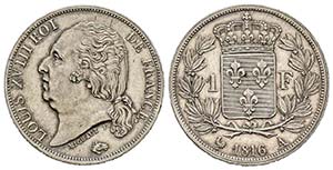 Louis XVIII 1815-1824
1 Franc, Paris, 1816 ... 