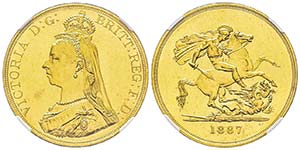 Victoria I 1837-1901 5 Pounds, 1887, AU 40 ... 