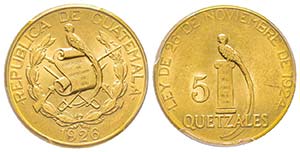 Guatemala, 5 Quetzales, 1926, AU 8.35 g. ... 