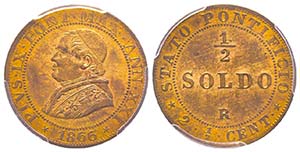 Pio IX 1849-1870
1/2 Soldo, Roma, 1866, AN ... 