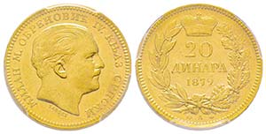 Serbia
20 Dinars, 1879 A, AU 6.45 g. ... 