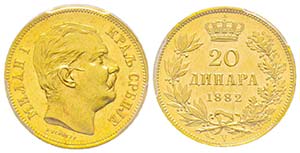 Serbia
20 Dinara, 1882 V, AU 6.45 g. ... 
