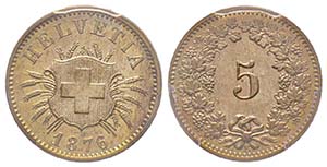 Switzerland
5 Rappen, 1876 B, Berne, AG 1.69 ... 