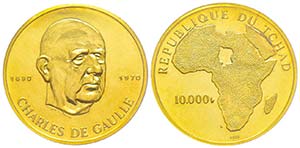 Chad
10.000 Francs, 1970, «De Gaulle», AU ... 