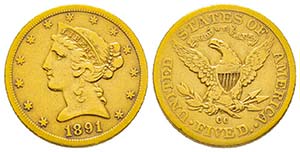 USA, 5 Dollars, Carson City, 1891 CC, AU ... 
