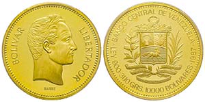 Venezuela
10000 Bolivares, 1987, AU 31.1 g. ... 
