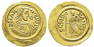 Aripert II 701-712 Tremissis, avec G à ... 