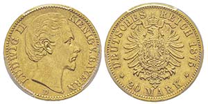 Baden, Ludwig II 1864-1886 20 Mark, 1875 D, ... 